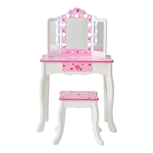 Teamson Kids Little Princess Gisele Sweethearts Print Kids Vanity Set - Tri-fold Mirror LED Glamour Lights Matching Stool