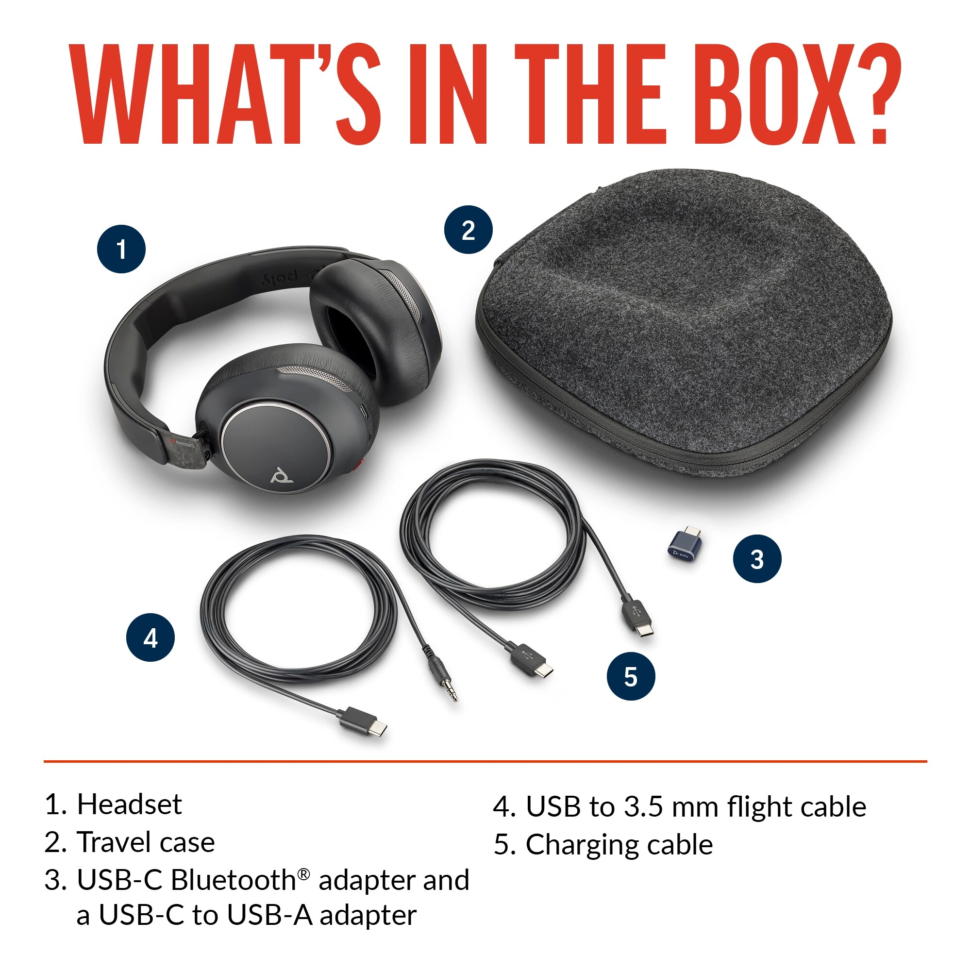 Voyager Surround 80 UC Wireless Headset + BT700 + USB C to USB A Adapter + USB C to 3.5 mm Audio Cable + Microfiber Cloth