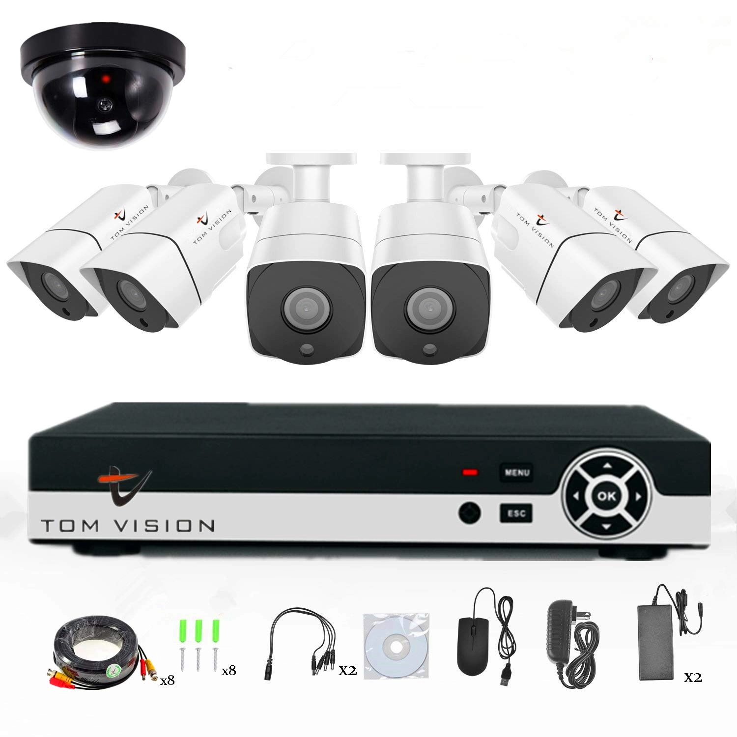 TOMVISION 8CH 1080N AHD DVR + 1080p Bullet Camera - 8PCS + 1TB Hard Disk
