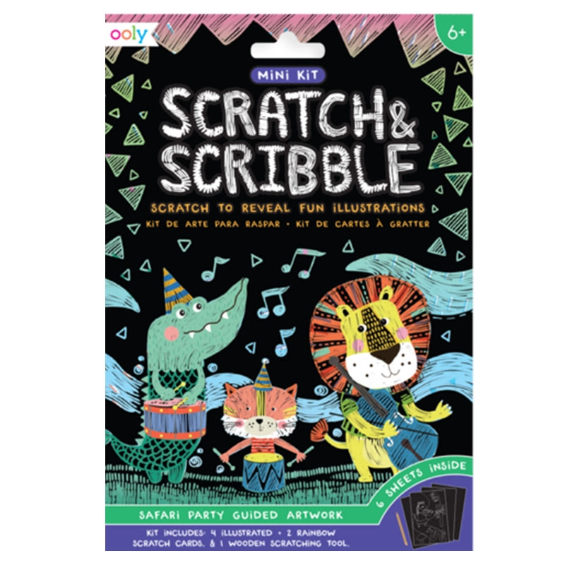 Mini Scratch & Scribble Art Kit - 4 illustrated scratch cards (4 x 6 inches) 2 rainbow DIY blank scratch cards (4 x 6 inches) 1 wooden stylus