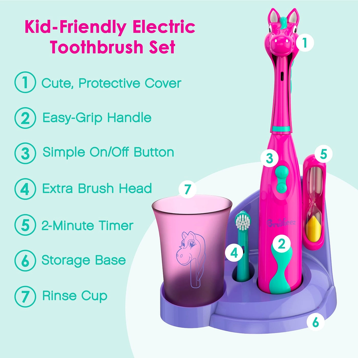 Kids’ Electric Toothbrush Set - Ages 3+ 2 Brush Heads 2-Minute Timer