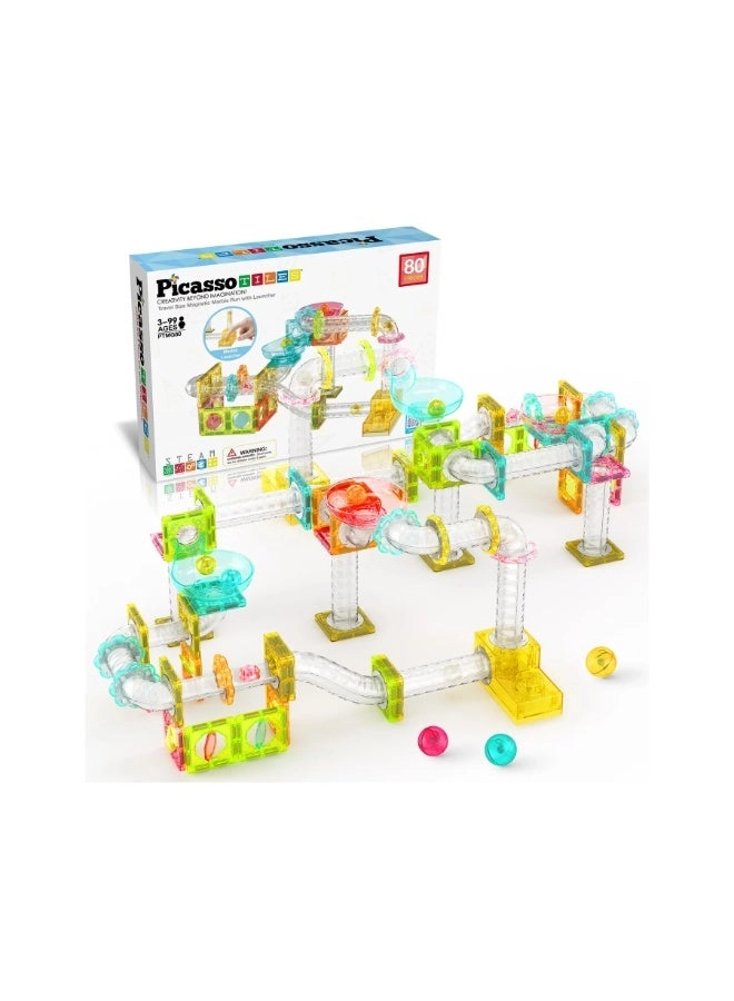 PicassoTiles Magnetic Marble Run with Launcher - 80 pcs