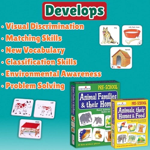 Animals, their Homes & Food - 21 sets of 3-piece matching cards + Animal Families & their Homes - 3 years and up 126 pieces