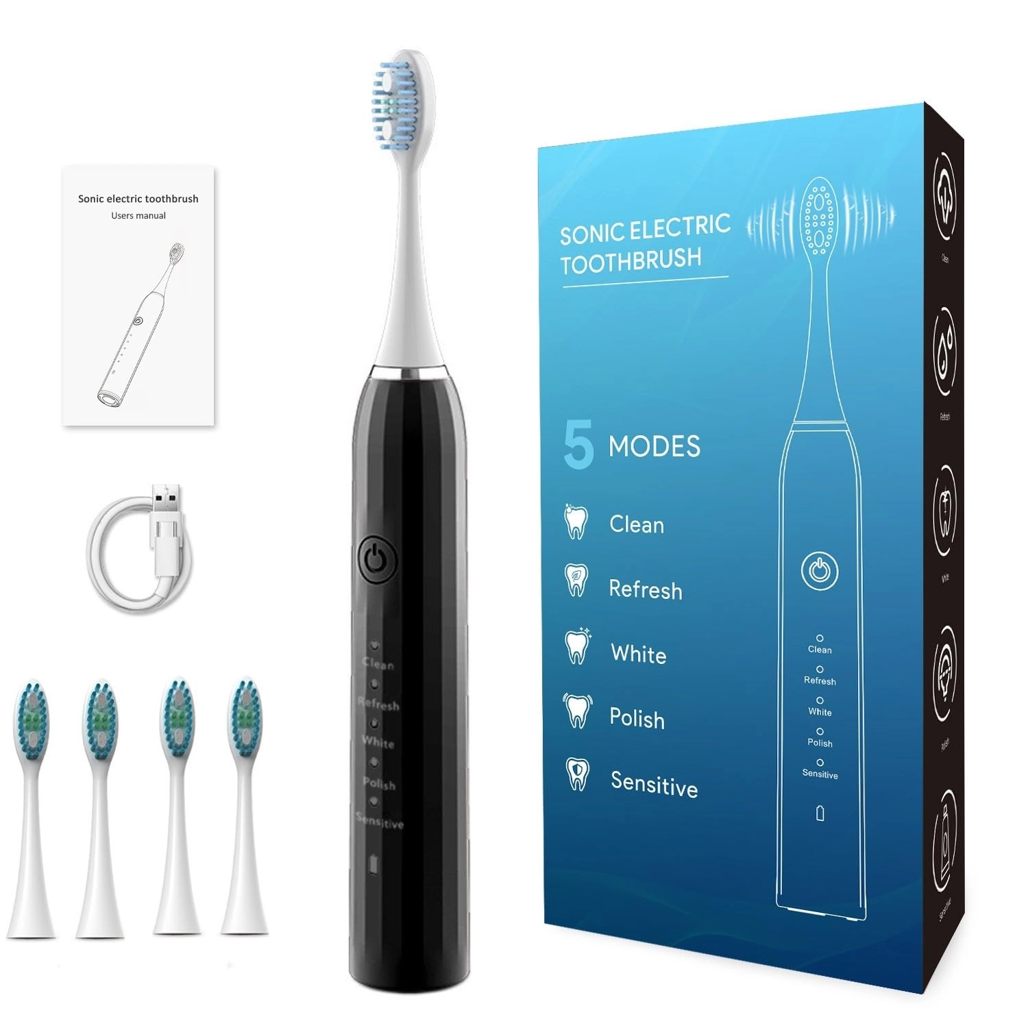 Sonic Electric Toothbrush - 43,000 vpm/min 4 Brush Heads USB Rechargeable