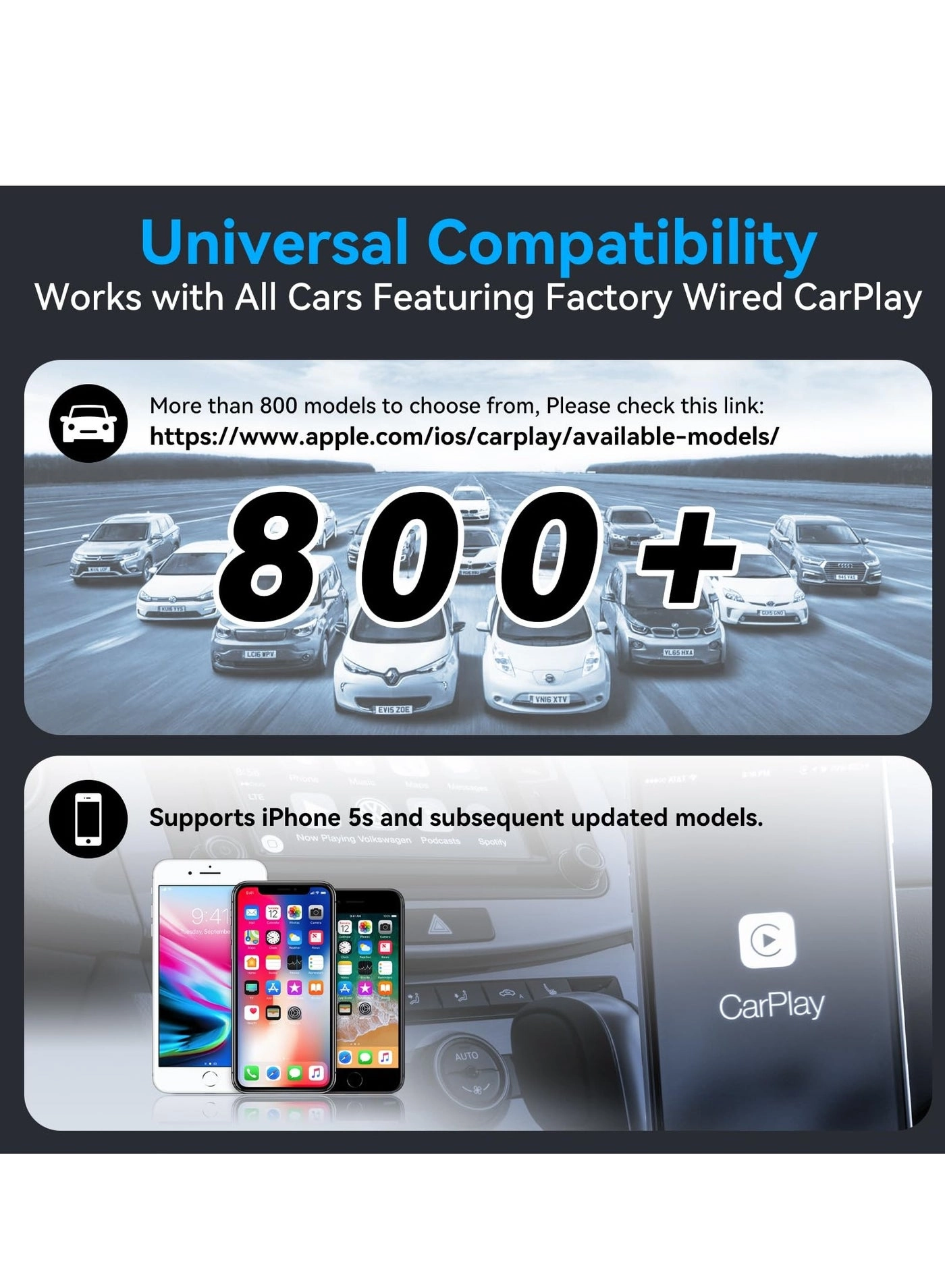 Wireless CarPlay Adapter - Bluetooth WiFi iPhone iOS 10+ 2015+ Cars