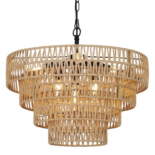 Boho Rattan Chandelier - 6-Light 4-Tier