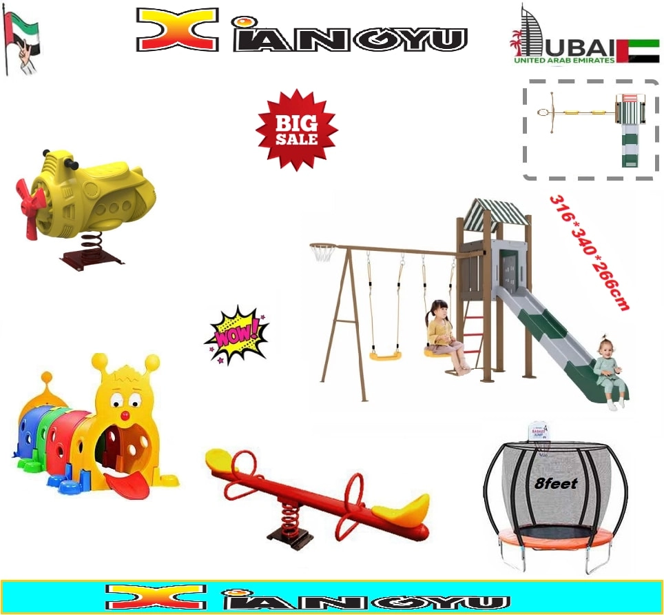 Spring Rider + Round Trampoline - 8FT + Caterpillar Tunnel + Slide and Swing Playground Set + Two Seater Seesaw
