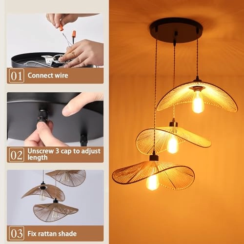 Rattan Pendant Light - 3-Lights Adjustable 41cm