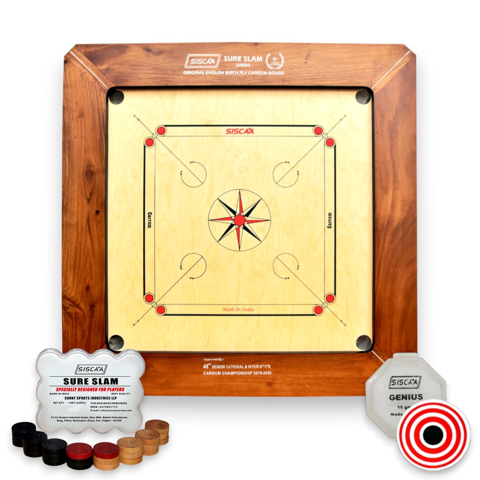 siscaa SURE SLAM - Premium Collection Carrom Board Natural Finish Frame