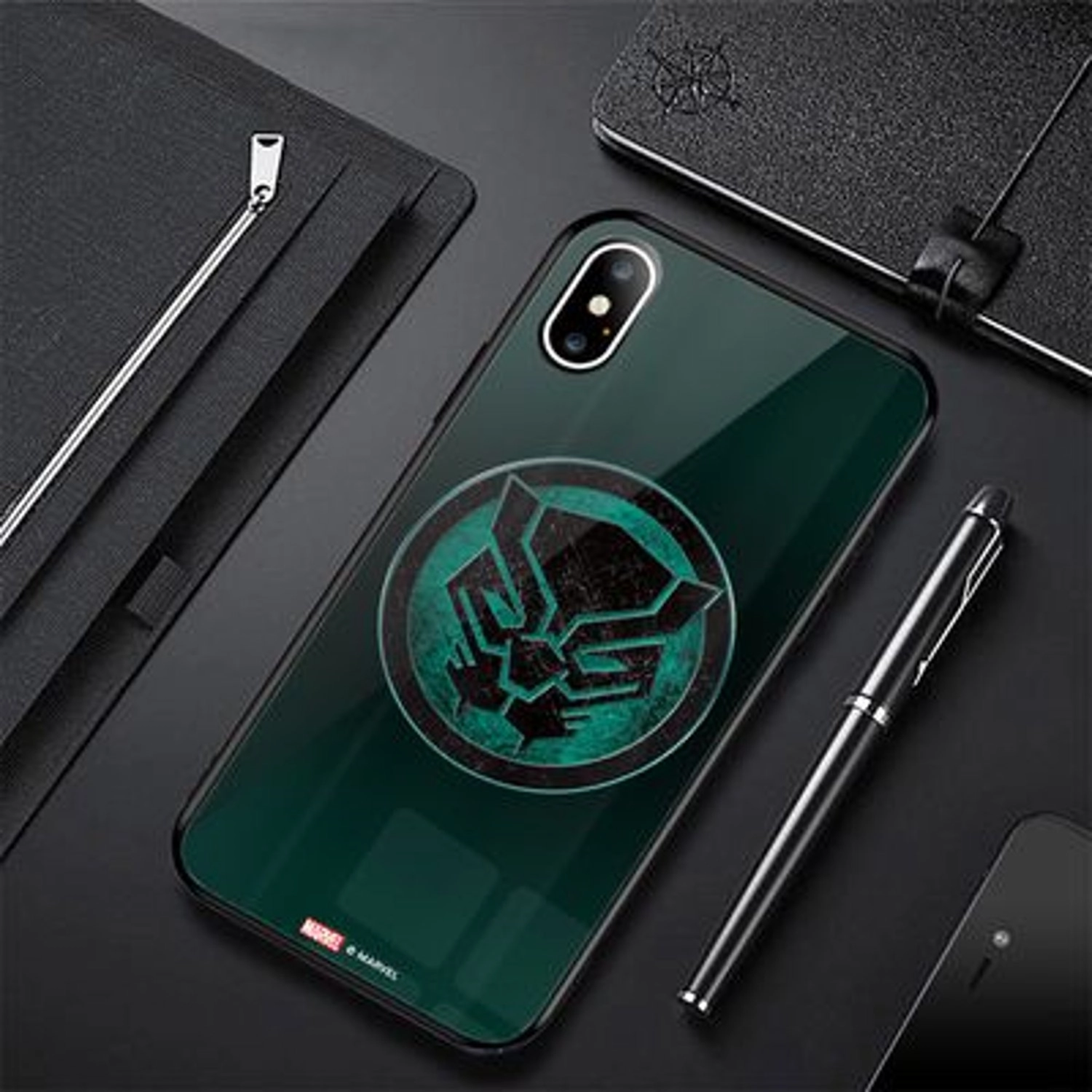 Green Logo Black Panther Back Case TPU Bumper Case + Tempered Glass Back for iPhone Xs