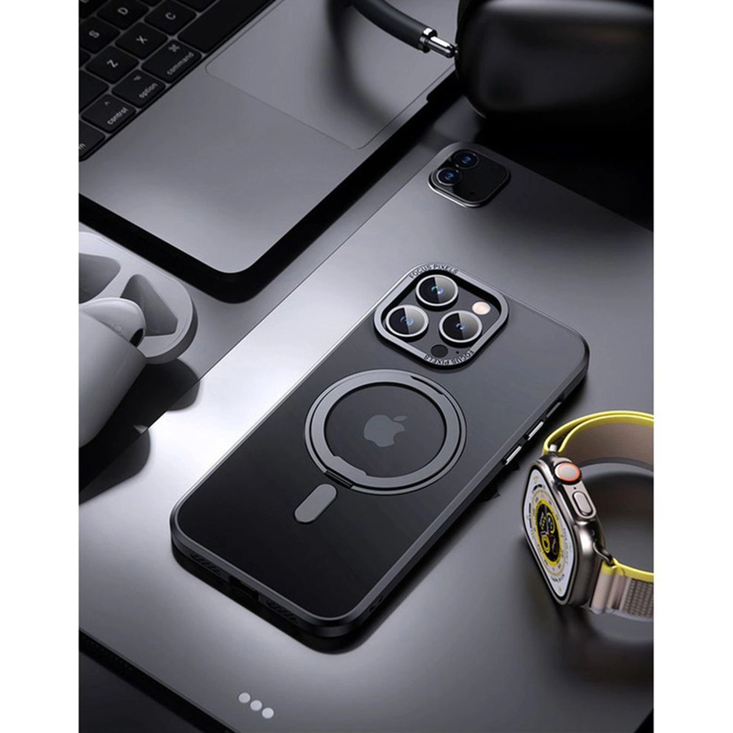 MagSafe Ring Stand Case With Screen Protector for iPhone 15 Pro