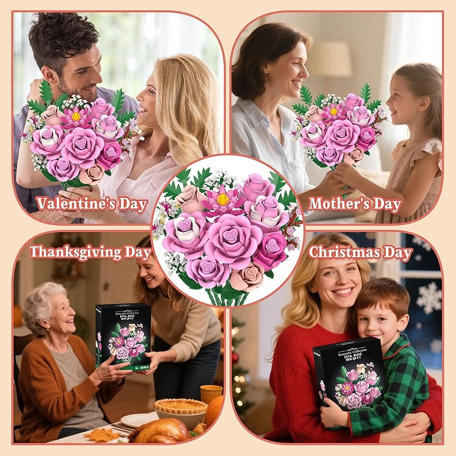 Pink Rose Bouquet Flowers Building Set - 834 pcs
