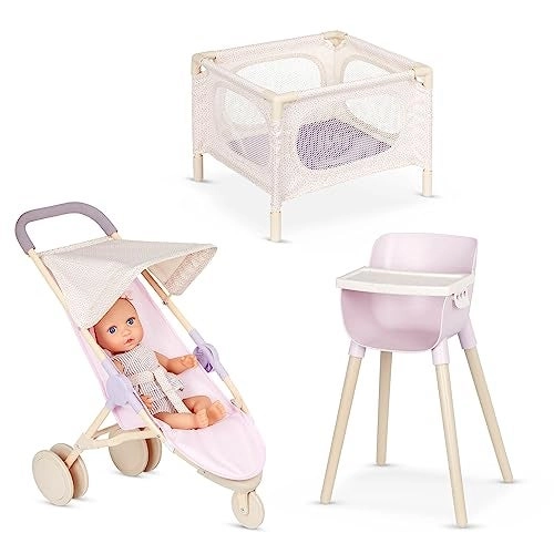 Lullababy Baby Doll - 14-Inch Blue Eyes + High Chair - Removable Tray + Playpen + Jogger Stroller - Foldable Canopy Ages 2+