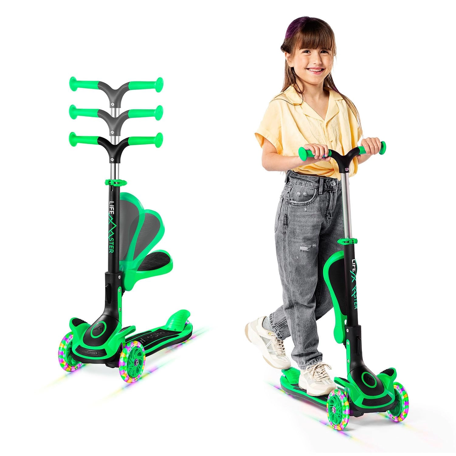 Lifemaster LIFMS33 3-Wheel Kick Scooter – LED Foldable Suspension + Seat