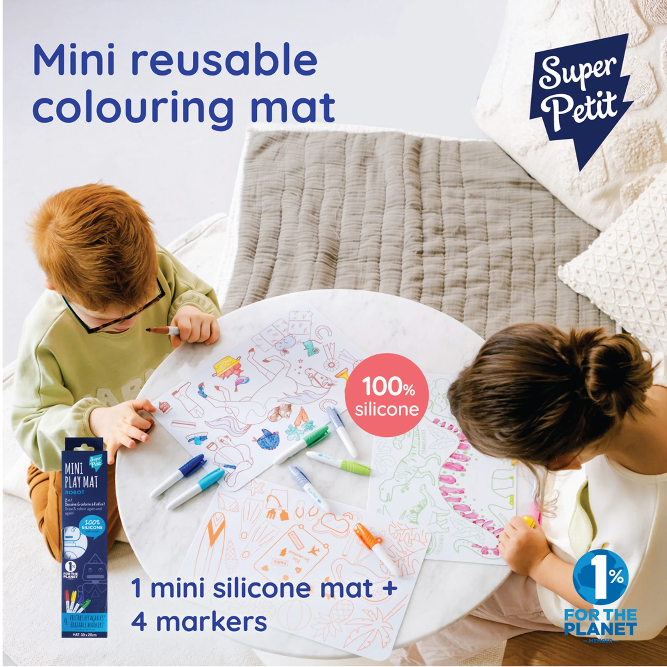 Dino Reversible Mini Playmat - 3 years+ + markers - 4 pieces