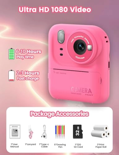 Kids Print Camera - Instant Printing 1080P Videos Red Bundle