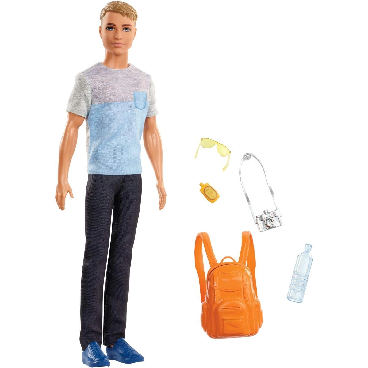 Barbie Ken Fashion Doll - 5 Travel-Themed Accessories Backpack that Opens & Closes Dark Brown Hair Bundle