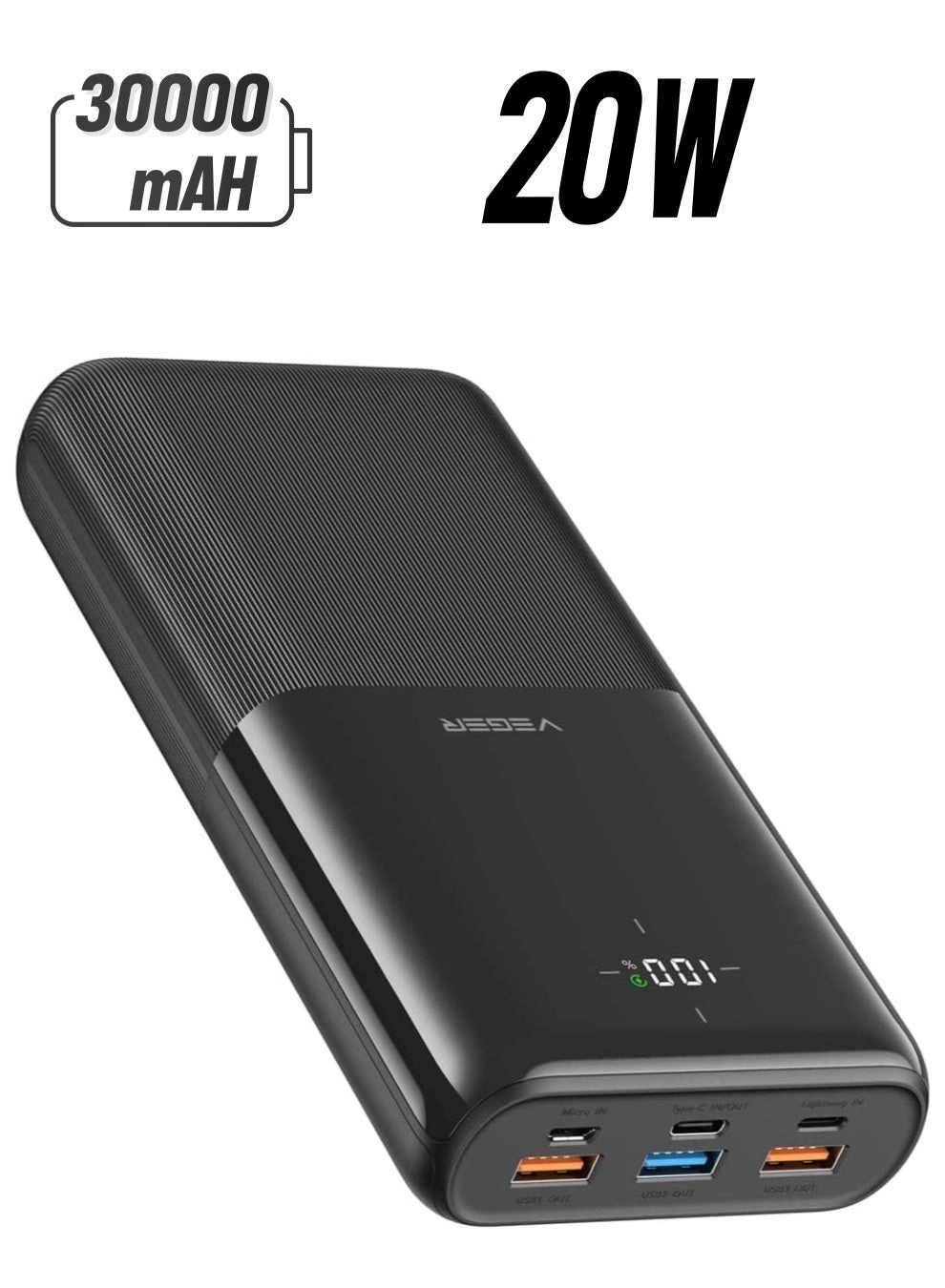 Portable Charger Power Bank - 30000mAh 22.5W QC 3.0 PD 20W 6-Port