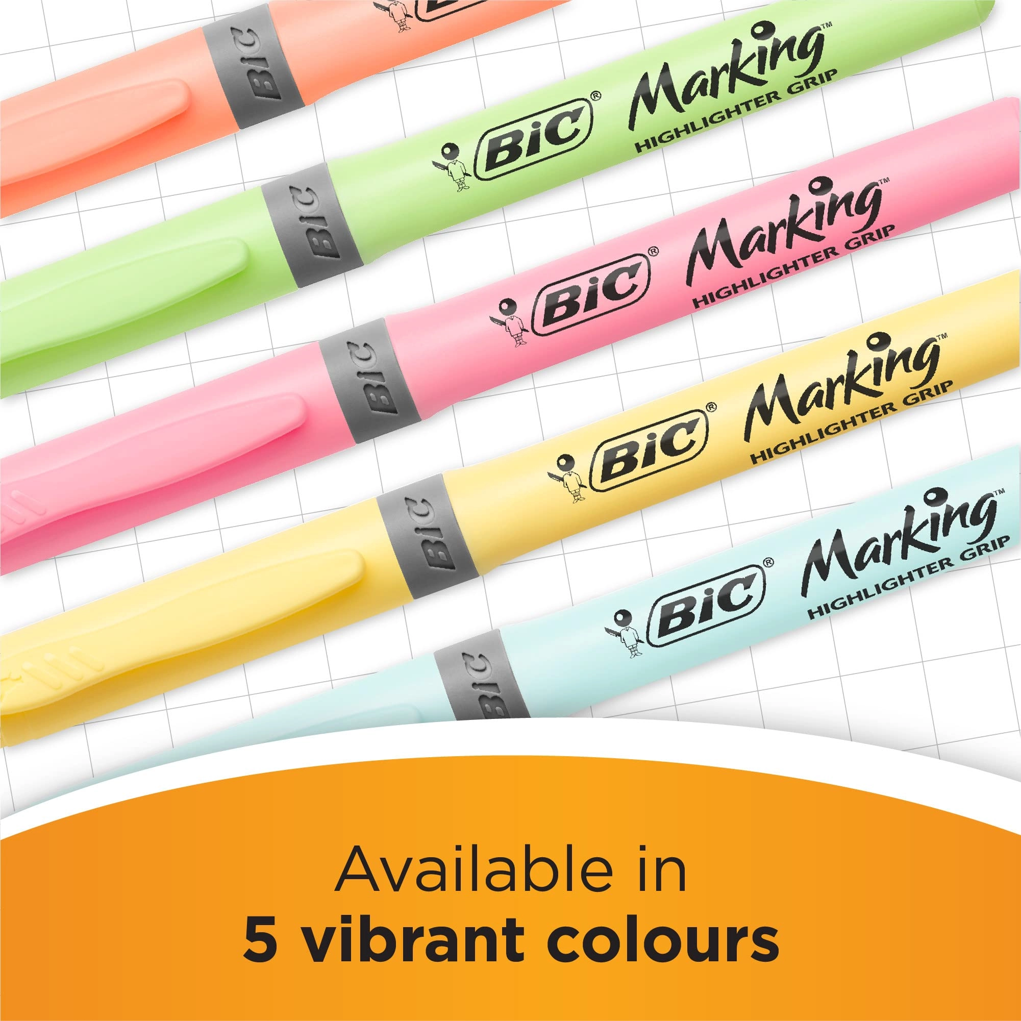 Grip Highlighter Pens - Pastel Orange, Purple, Yellow, Blue, Green, Pink Chisel