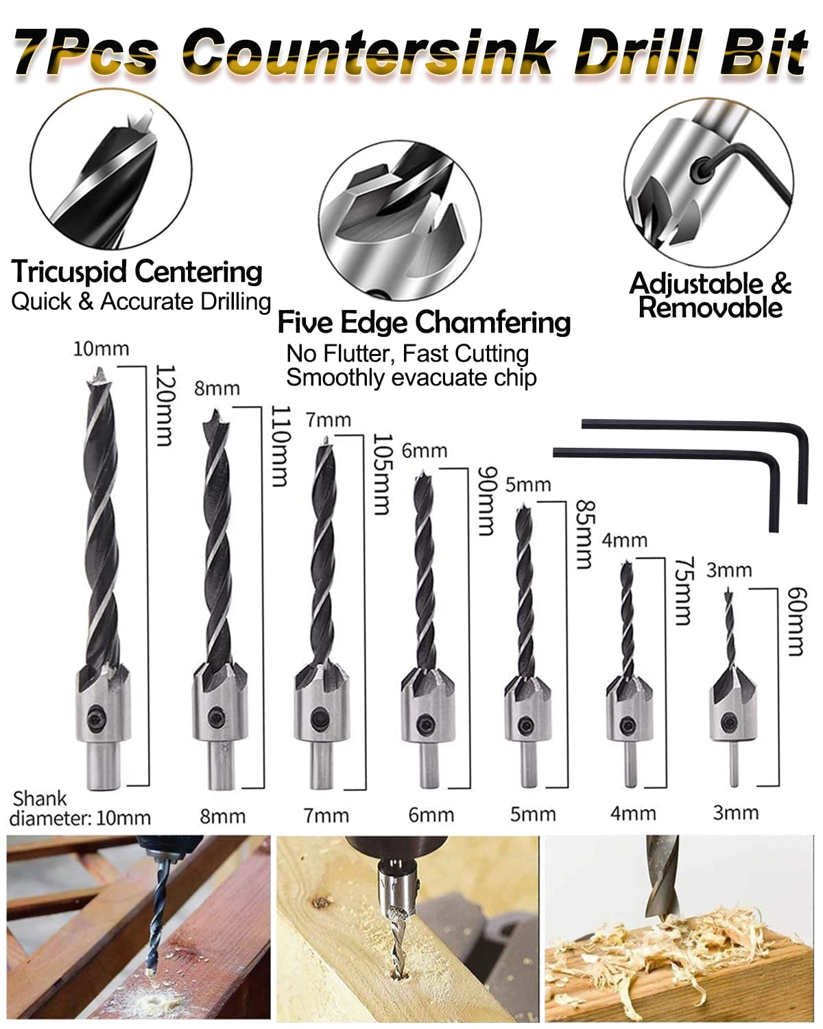 Chamfer Drilling Tool - 23pcs + 5 Flute Countersink Drill Bits - 6pcs + Three Pointed Countersink Drill Bit - 7pcs + Wood Plug Cutter - 8pcs + Automatic Center Punch - 1pcs