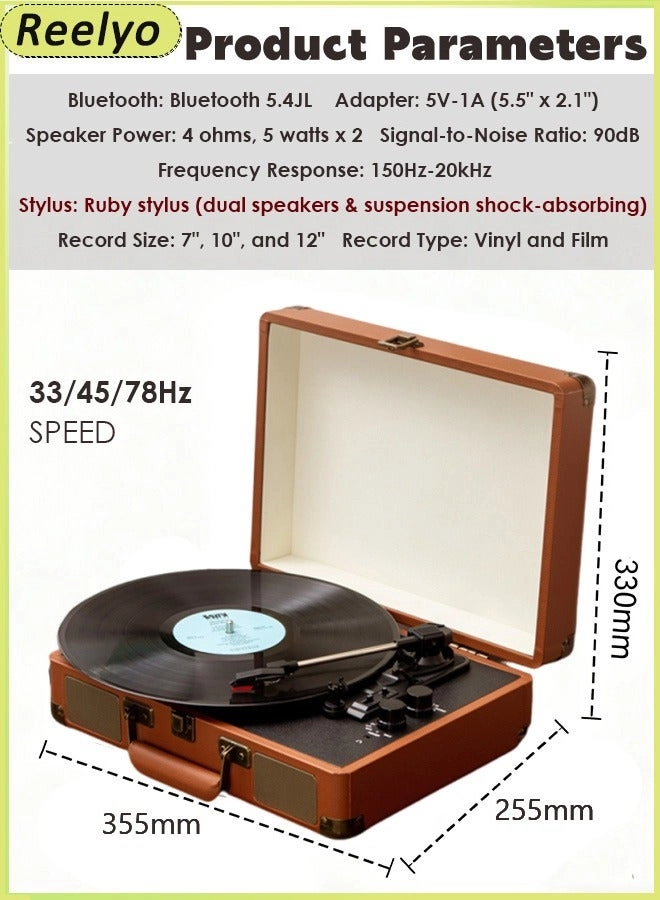 Retro Vinyl Turntable Record Player - 3 Speed Bluetooth 5.4 Portable Suitcase