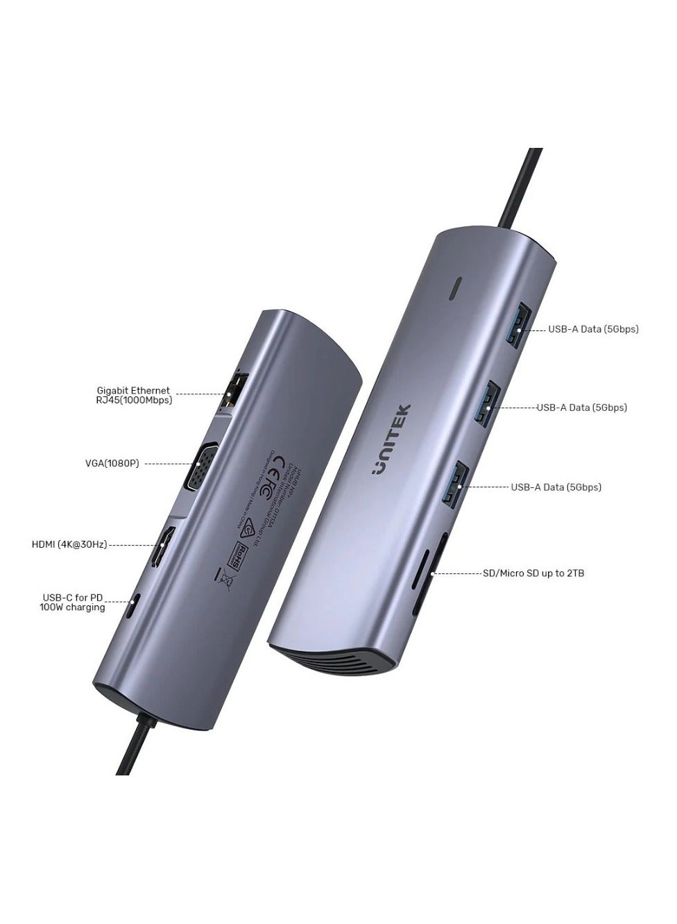 D1113A - 9-in-1 USB-C Hub 3x USB-A 5Gbps HDMI 4K@30Hz PD 100W