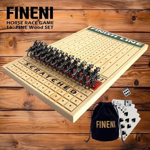 Horse Racing Game - 11 Metal Horses 16” Pine Wood Board Dice & Card