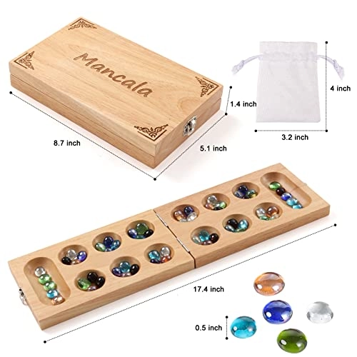 Mancala - Folding Rubber Wood Board 58 glass stones