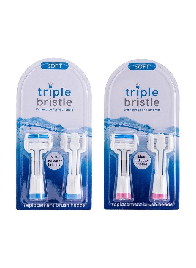Triple Bristle Replacement Brush Head Refills - 3 Sided Head Design Color Changing Indicator Bristles 4 Pack (2 Pink + 2 Blue)