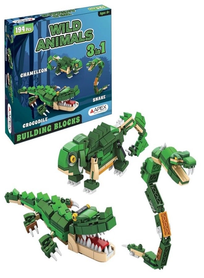 Apex Media and Marketing India 3-in-1 Wild Animal Building Blocks - Crocodile Chameleon Snake 190+ pcs