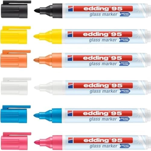 Edding 95 glass marker - black, orange, yellow, light blue, pink and white round nib 1. 5-3 mm