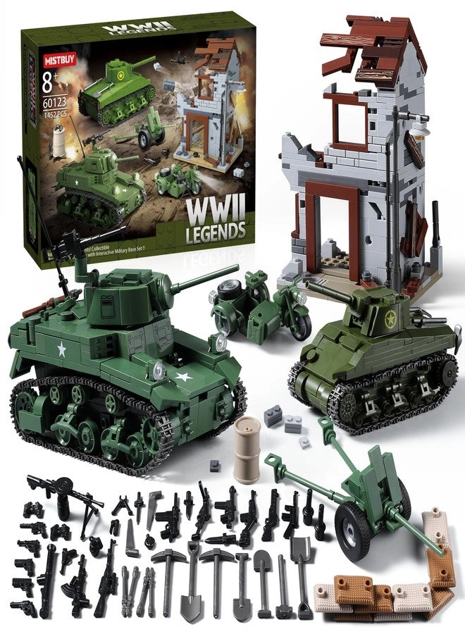 MISTBUY WW2 Army Tank Building Set - 1452 pcs + Sherman Tank + Stuart Tank + War-Torn Building