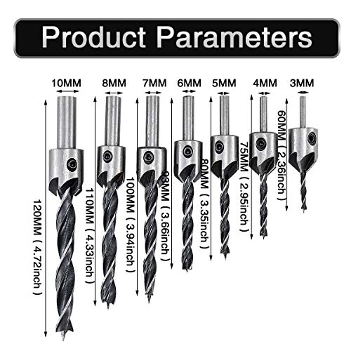 Countersink Drill Bit Set - High Speed Steel (HSS) 7 pieces 3 mm, 4 mm, 5 mm, 6 mm, 7 mm, 8 mm, 10 mm