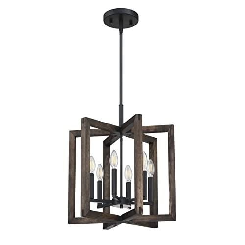 Rustic Farmhouse Hanging Kitchen Island Chandelier - 6 Light Pine Wood Black Metal Frame