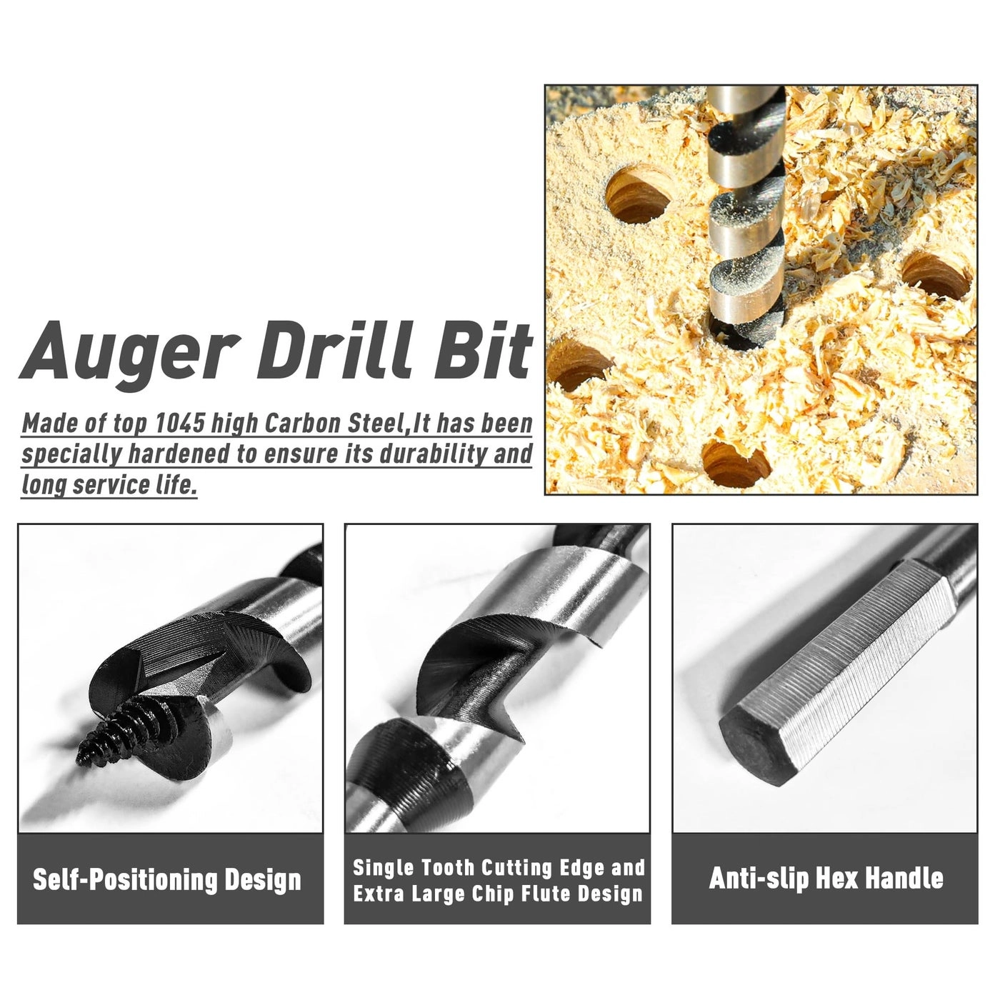 Auger Drill Bit Set - 6Pcs 12-Inch 1/4""-7/8"" Hex Shank