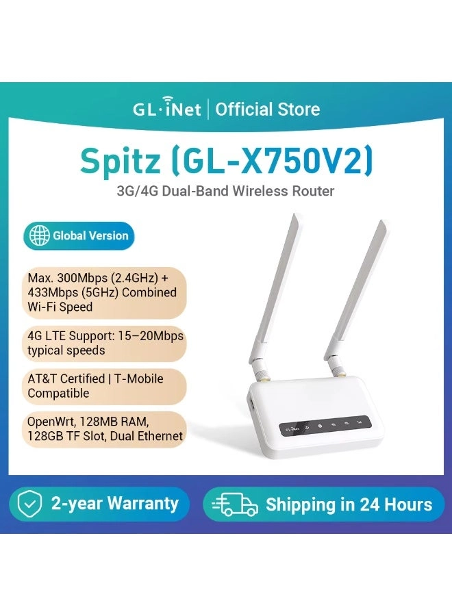 GL.iNet GL-X750V2 - 4G LTE AC750 Dual-Band Wi-Fi 300Mbps(2.4G)+433Mbps(5G)