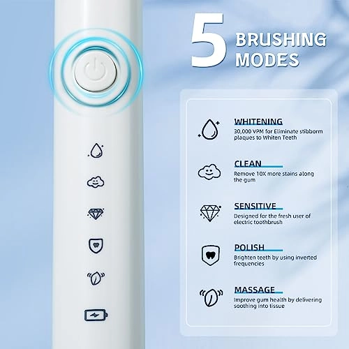 Sonic Electric Toothbrush - Rechargeable 6 Duponts Brush Heads 2 Minute Smart Timer