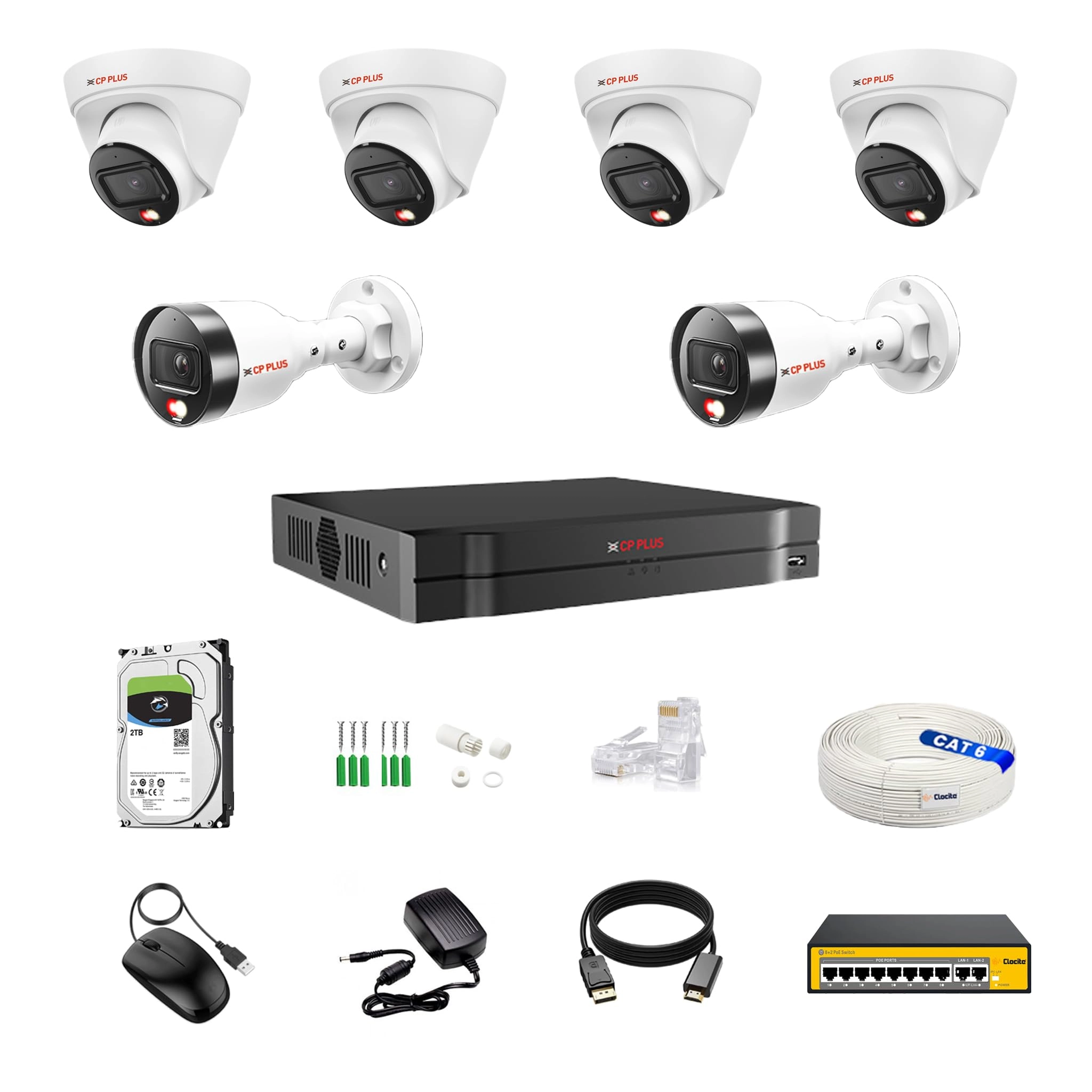 Aditya Infotech Ltd illumax AI NVR - 8CH + 4 Dome 2 Bullet IP Cameras - 4MP + HDD - 2 TB + POE Switch - 8+2 + CAT 6 Cable