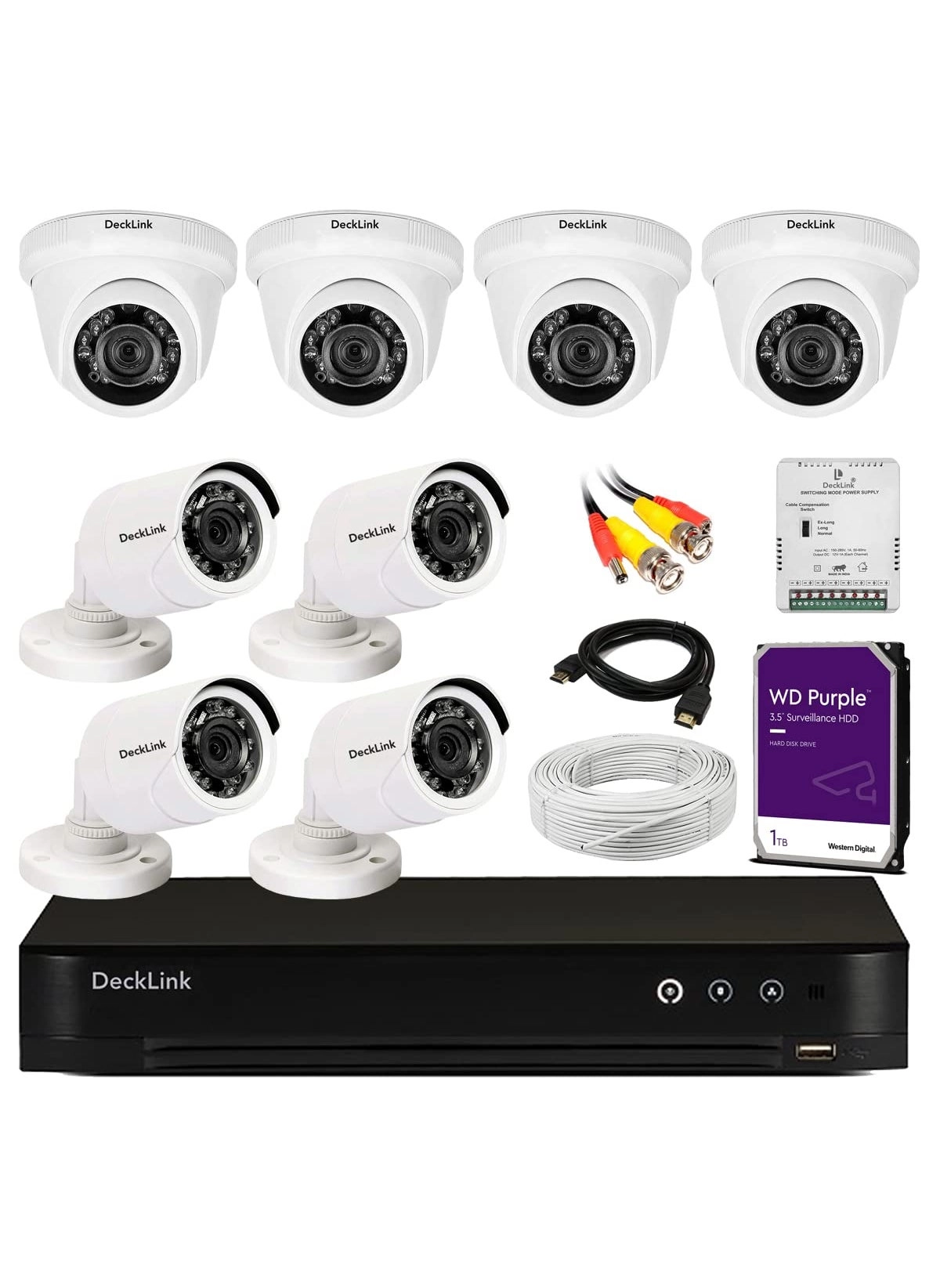 CCTV Camera + DVR + Survillance Hardisk + Wire Role - 4 Dome + 4 Bullet 8 channels 1920 X 1080 pixels