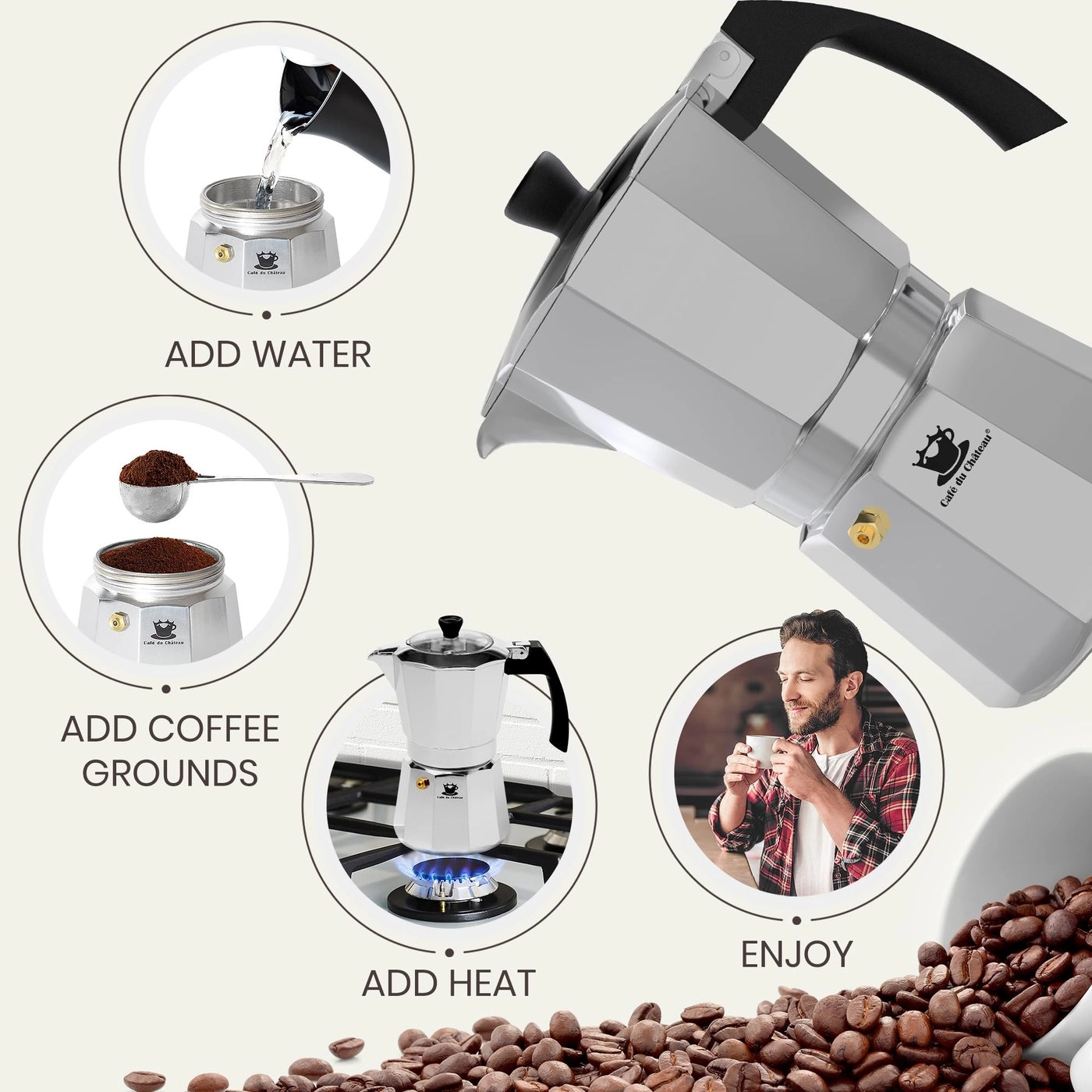 Espresso Maker - 6-Cup Transparent Lid Clip Spoon
