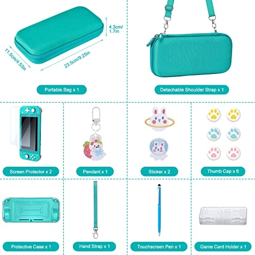 Switch Lite Carrying Case - Turquoise + Switch Game Case + Switch Lite Screen Protector + Switch Stand + Switch Thumb Grips
