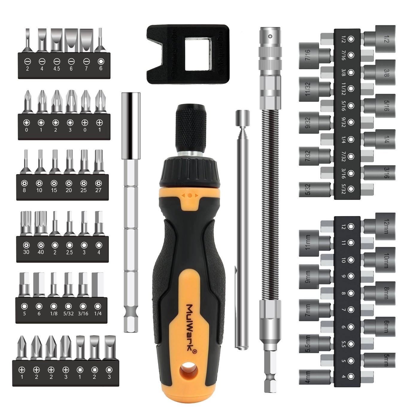 MULWARK 63PC Magnetic Ratcheting Screwdriver Bit Set
