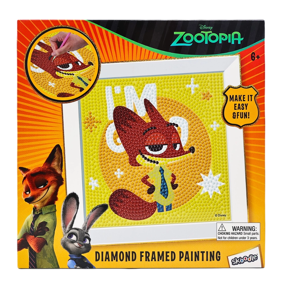Zootopia Diamond Framed Painting Kit - 1 Canvas, 1 Frame, 1 Diamond Tray, 1 Wax Square, 1 Diamond Painting Stylus, 6 Colorful Diamonds