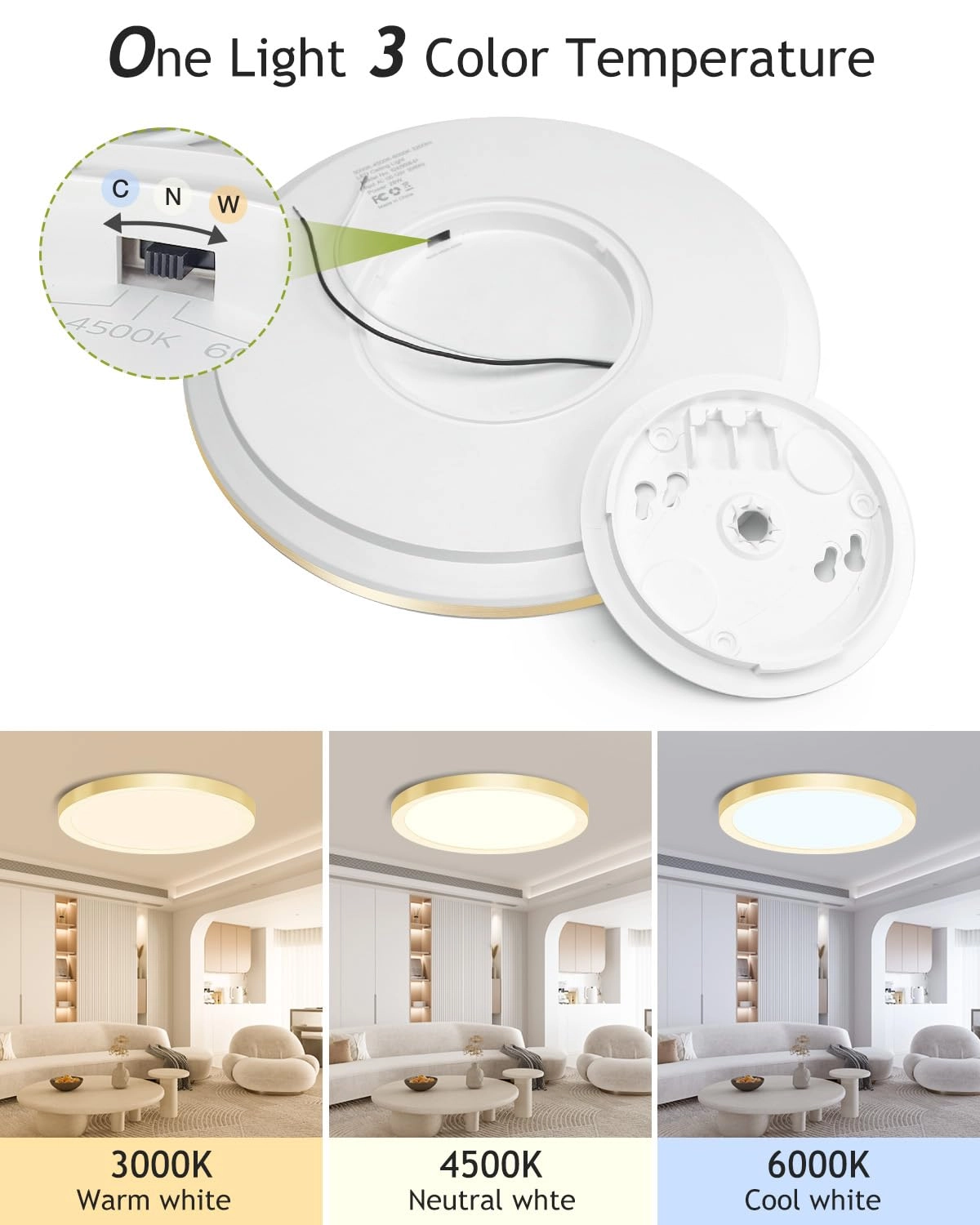Flush Mount LED Ceiling Light - 3000K 4500K 6000K Dimmable