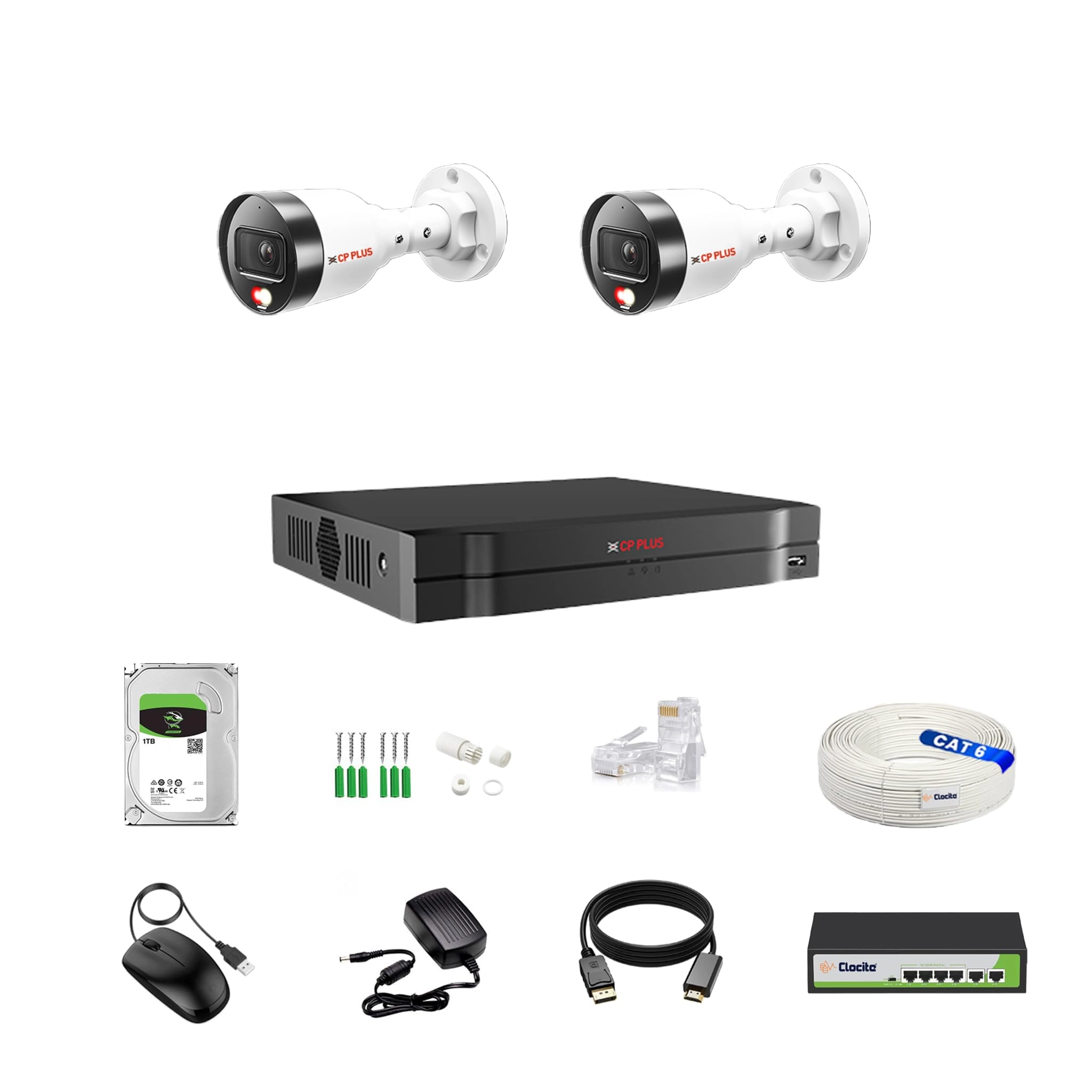 Clocite IP illumax 4 CH AI NVR + 4MP illumax Dual Light Bullet IP Camera + 1 TB HDD + 4+2 POE Switch + CAT 6 Cable