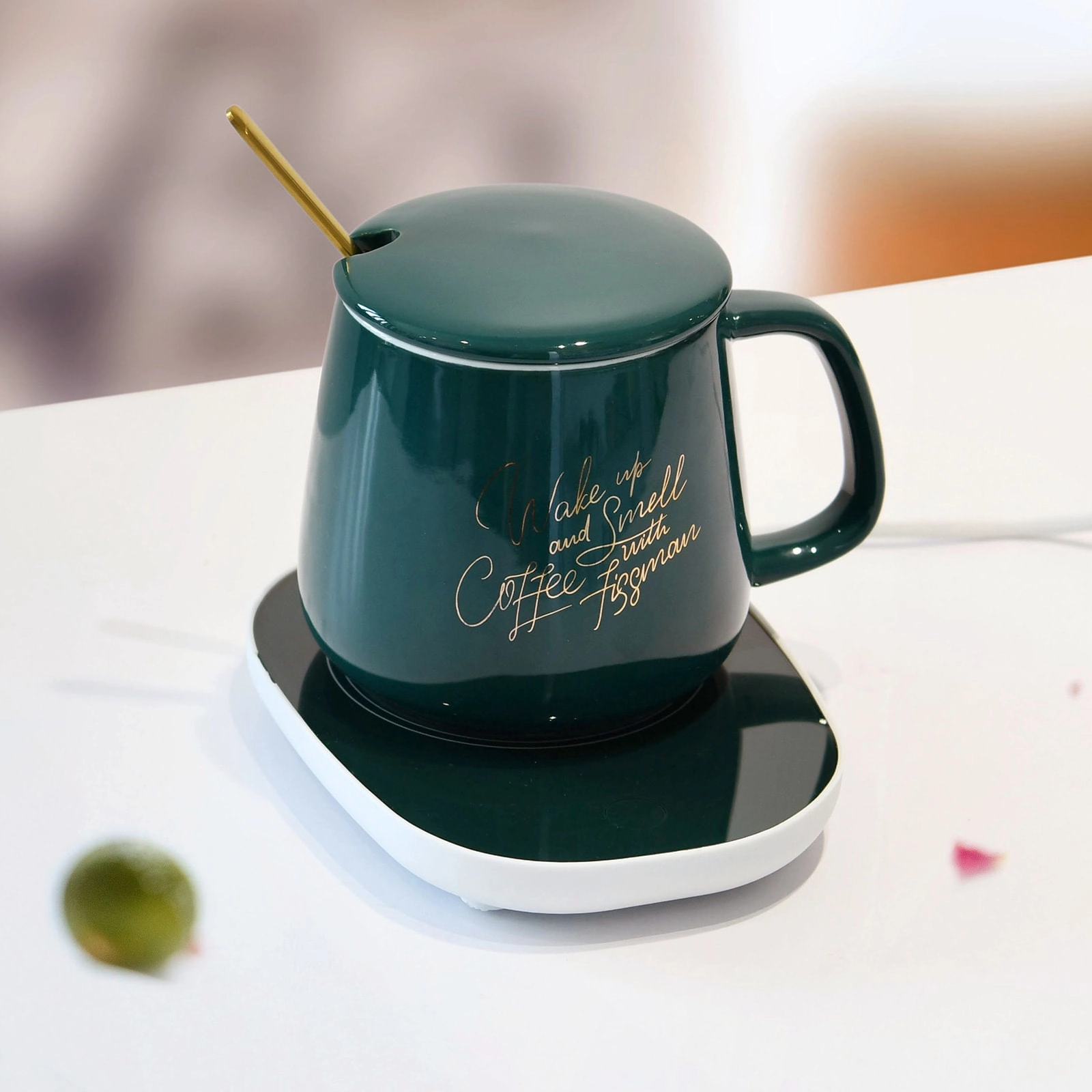 FISSMAN KITCHENWARE Ceramic Mug + Warmer - Constant Temperature + Spoon