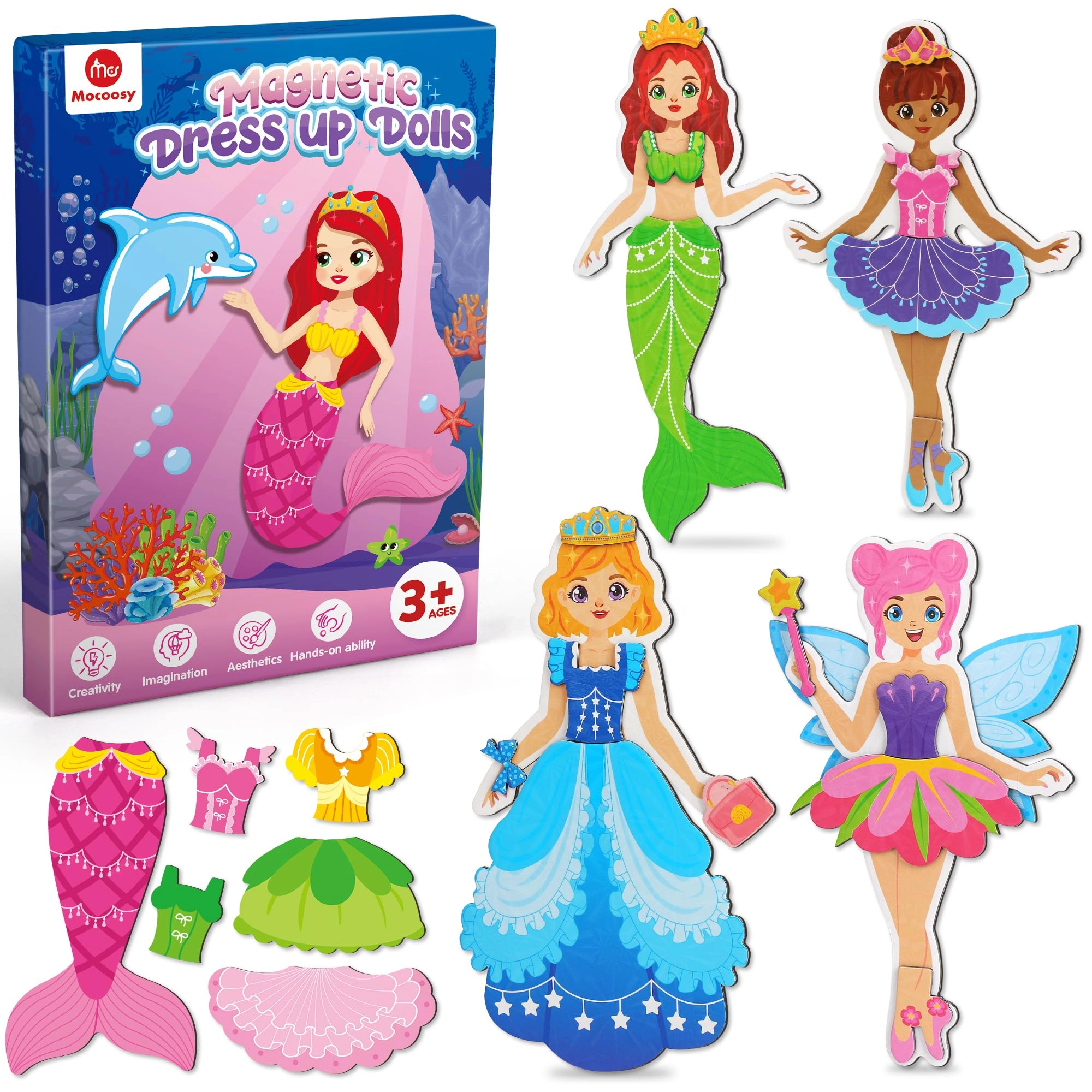 mocoosy Magnetic Dress Up Dolls - 70+ Magnetic Pieces Princess Mermaid Fairy Ballerina