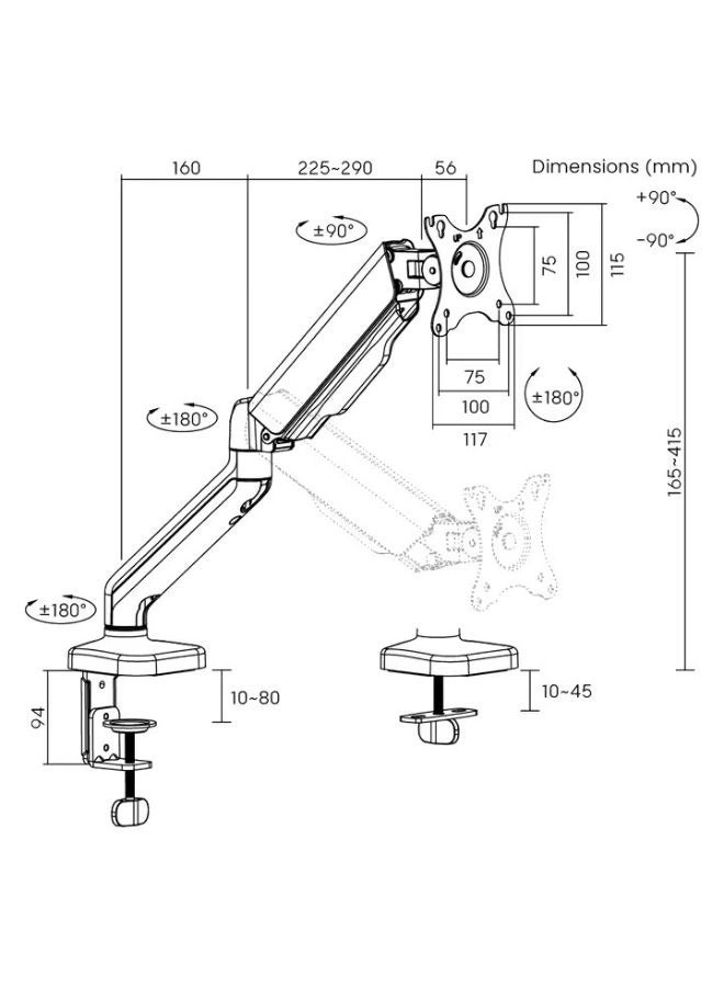 Full Motion Monitor Arm - Single Arm 17-32 inch 75x75mm/100x100mm