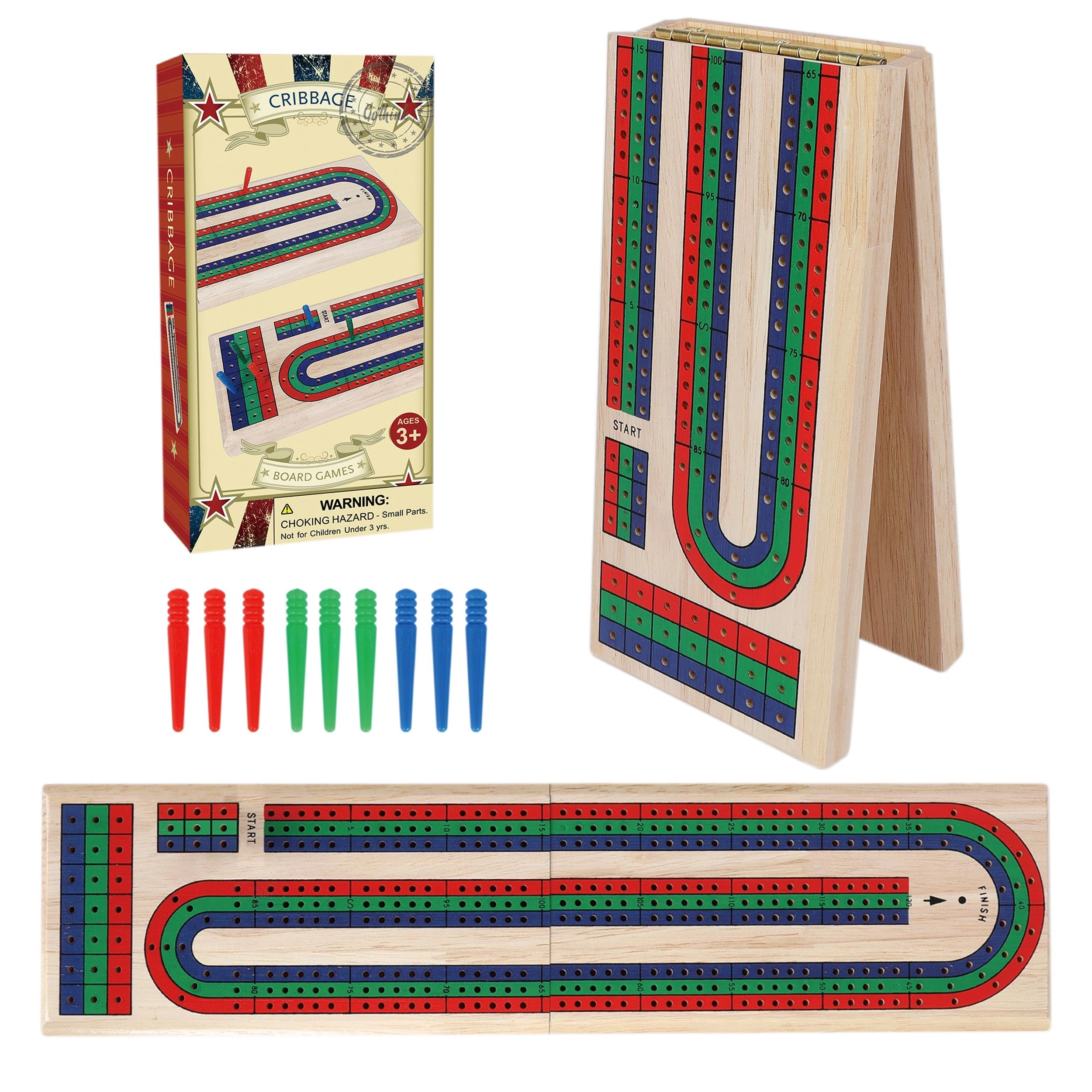 GOTHINK Folding Cribbage Board - Rubber Wood 9 Pegs 3 Tracks