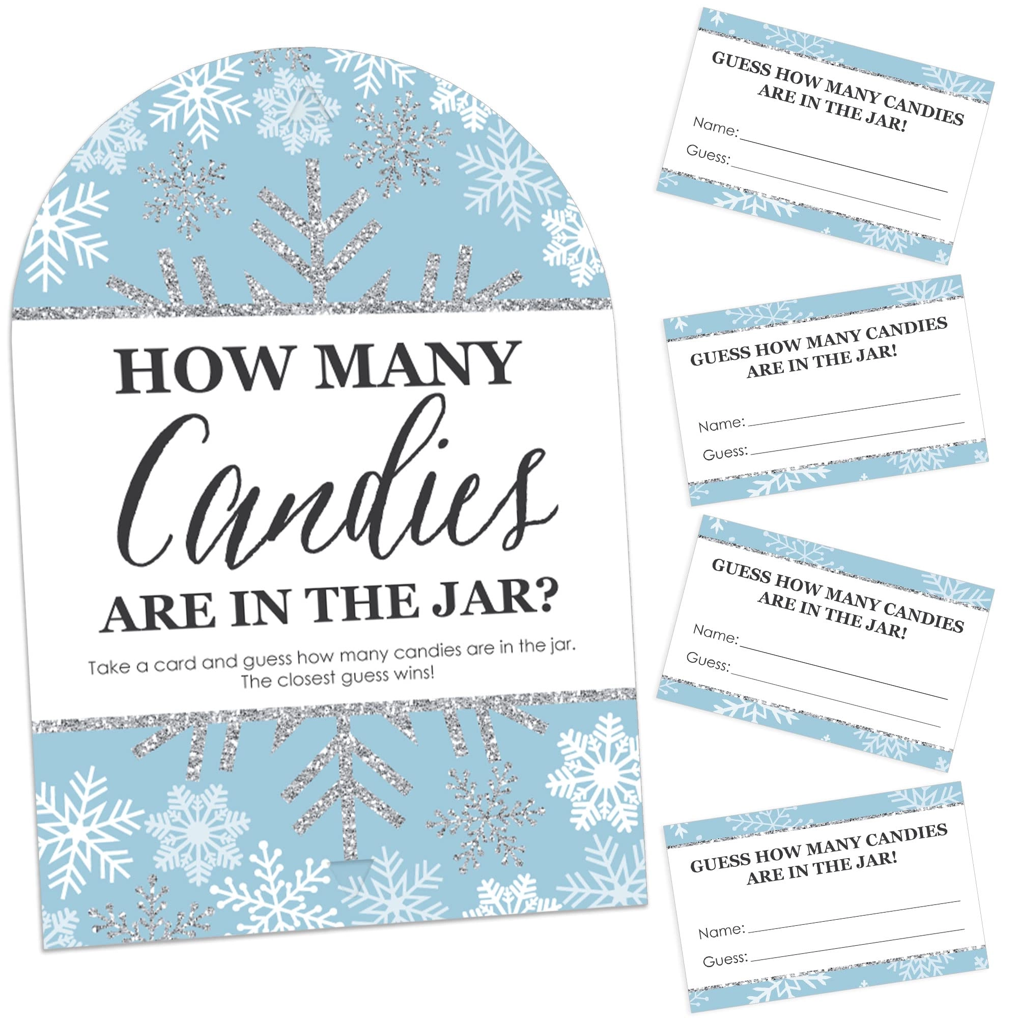 Big Dot of Happiness Winter Wonderland Candy Guessing Game - All ages 1 sign with a built-in stand and 40 guessing cards